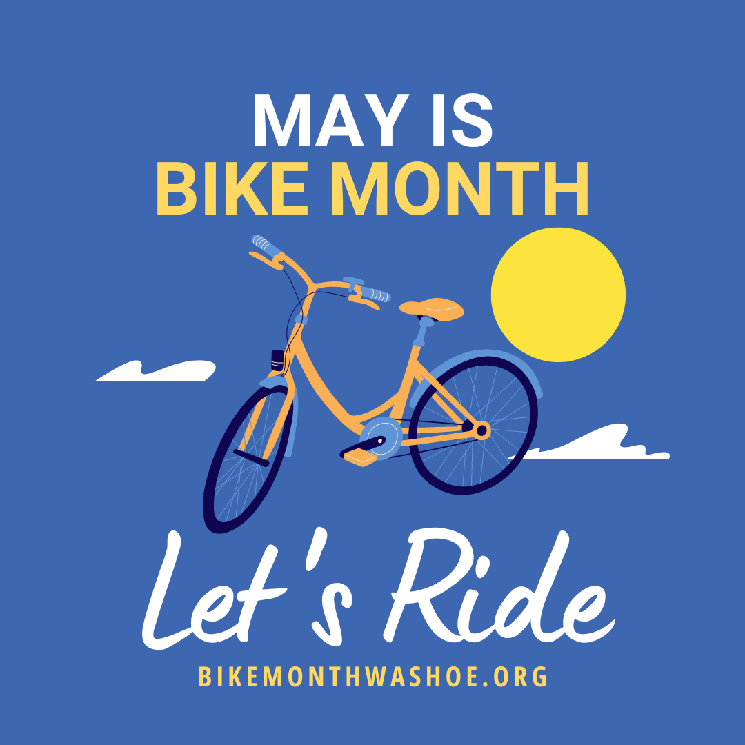 A graphic with a bike, sun and cloud that says May is Bike Month, let's ride