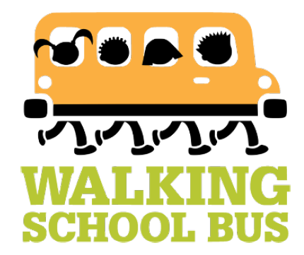 A graphic of a bus with no wheels but rather legs from people, saying Walking School Bus