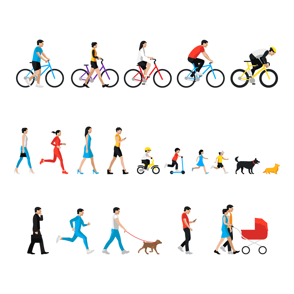 graphic of people walking and riding bikes