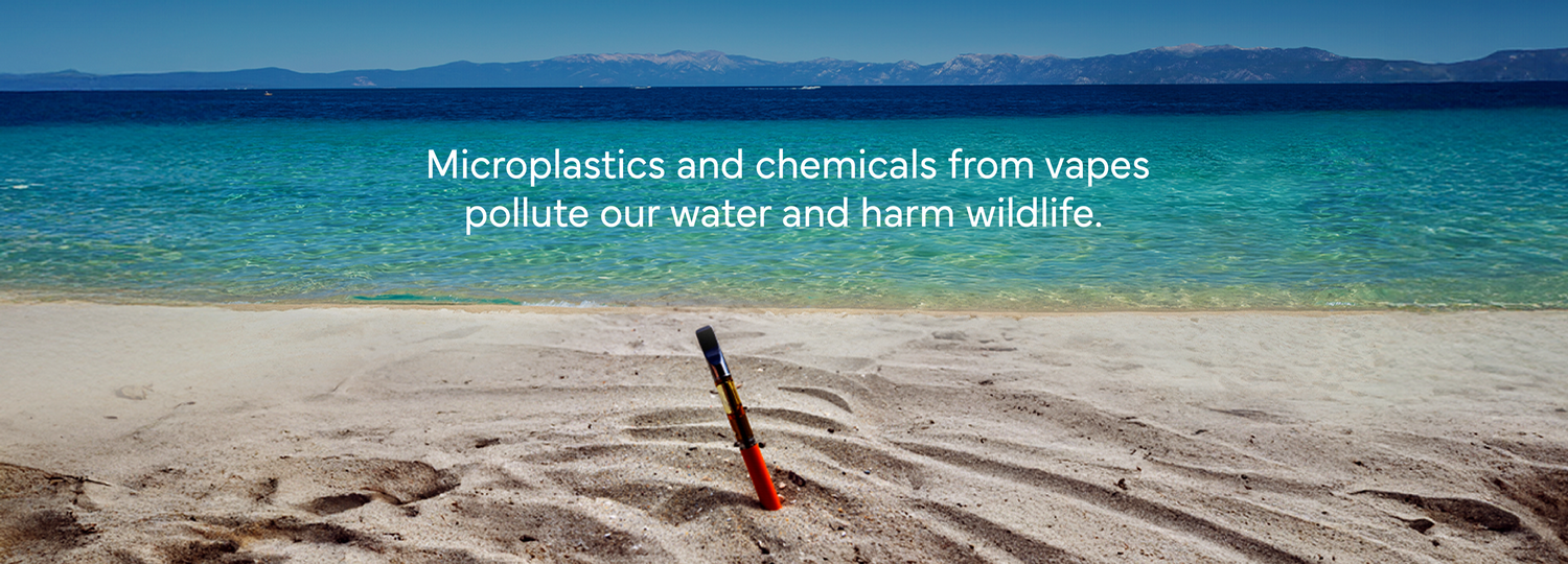 a vape on the beach at lake tahoe with the text "Microplastics and chemicals from vapes pollute our water and harm wildlife